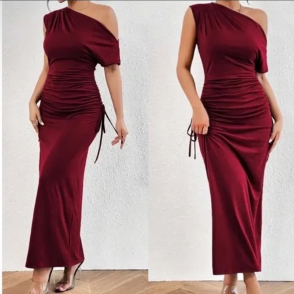 Luxe one shoulder ruched solid maxi dress - Picture 4 of 14